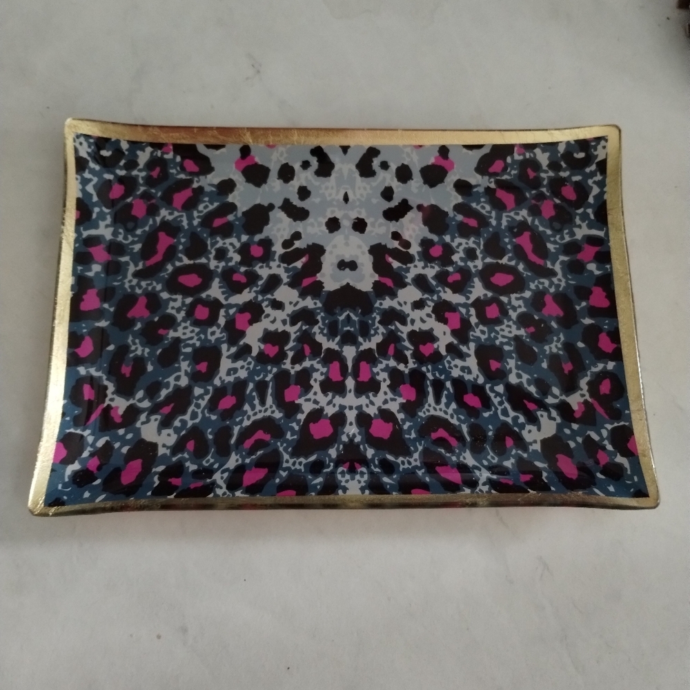 Bath & Body Works Gold and Pink Animal Print Jewelry Tray